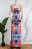 Colour Sexy Casual Print Backless Spaghetti Strap Long Dress Dresses