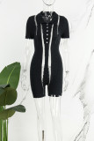 White Casual Solid Patchwork See-through Turndown Collar Skinny Romper