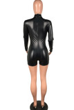 Black Sexy Solid Patchwork Half A Turtleneck Skinny Rompers