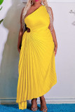Orange Casual Solid Hollowed Out Backless Pleated Oblique Collar Long Dress Dresses