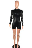 Black Sexy Solid Patchwork Half A Turtleneck Skinny Rompers