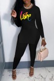 Black Casual Print Slit O Neck Short Sleeve Two Pieces