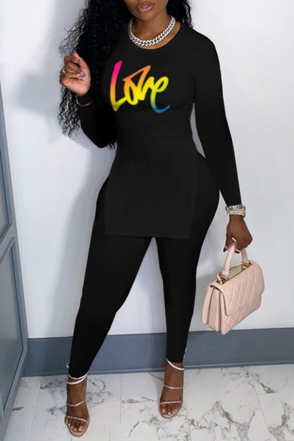 Black Casual Print Slit O Neck Short Sleeve Two Pieces