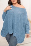 Blue Casual Solid Asymmetrical O Neck Plus Size Tops