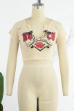 Apricot Sexy Celebrities Letter Ripped Patchwork Letter Printing O Neck T-Shirts
