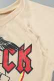 Apricot Sexy Celebrities Letter Ripped Patchwork Letter Printing O Neck T-Shirts