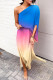Blue Casual Print Patchwork Oblique Collar Irregular Dress Dresses