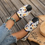 Cream White Casual Patchwork Printing Round Comfortable Flats Shoes