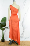 Red Casual Solid Hollowed Out Backless Pleated Oblique Collar Long Dress Dresses