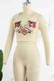 Apricot Sexy Celebrities Letter Ripped Patchwork Letter Printing O Neck T-Shirts