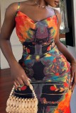 Colour Sexy Casual Print Backless Spaghetti Strap Long Dress Dresses