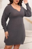 Black Casual Solid V Neck Long Sleeve Plus Size Dresses