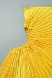 Yellow Casual Solid Hollowed Out Backless Pleated Oblique Collar Long Dress Dresses