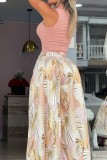Yellow Casual Print Basic Turtleneck Sleeveless Two Pieces