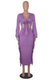 Purple Casual Solid Tassel Bandage V Neck Long Sleeve Two Pieces