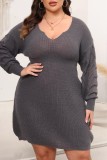 Grey Casual Solid V Neck Long Sleeve Plus Size Dresses