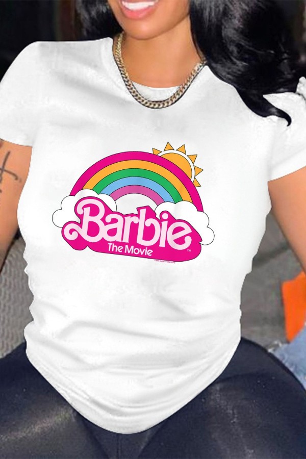 White Casual Letter Print Basic O Neck T-Shirts