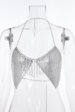 Silver Sexy Solid Tassel Patchwork Metal Accessories Decoration Chains Backless Halter Tops