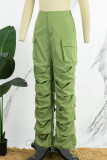 Matcha Green Street Solid Patchwork Draw String Pocket Fold Regular Mid Waist Straight Solid Color Bottoms