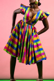 Colour Sexy Street Plaid Hollowed Out Patchwork Contrast V Neck A Line Dresses
