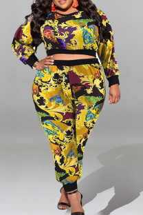 Yellow Casual Sweet Print Patchwork O Neck Plus Size Two Pieces