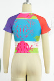 Colour Casual Print Patchwork O Neck T-Shirts