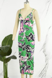 Green Sexy Street Butterfly Print Patchwork Slit Printing V Neck Wrapped Skirt Dresses