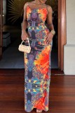 Colour Sexy Casual Print Backless Spaghetti Strap Long Dress Dresses