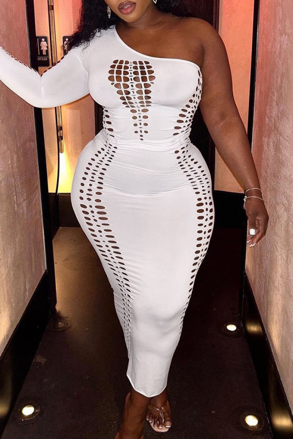 White Sexy Solid Hollowed Out Patchwork Burn-out Oblique Collar One Step Skirt Dresses