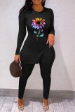 Black Casual Print Slit O Neck Long Sleeve Two Pieces