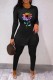 Black Casual Print Slit O Neck Long Sleeve Two Pieces