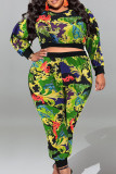 Yellow Casual Sweet Print Patchwork O Neck Plus Size Two Pieces