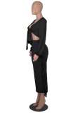 Black Casual Solid Tassel Bandage V Neck Long Sleeve Two Pieces
