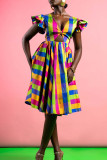 Colour Sexy Street Plaid Hollowed Out Patchwork Contrast V Neck A Line Dresses