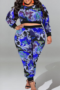Blue Casual Sweet Print Patchwork O Neck Plus Size Two Pieces