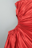 Pink Casual Solid Hollowed Out Backless Pleated Oblique Collar Long Dress Dresses