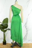 Green Casual Solid Hollowed Out Backless Pleated Oblique Collar Long Dress Dresses
