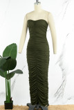 Army Green Casual Solid Backless Fold Strapless One Step Skirt Dresses