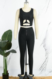 Black Casual Solid Hollowed Out O Neck Sleeveless Two Pieces