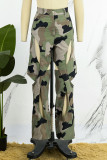 Blue Casual Camouflage Print Hollowed Out Patchwork Straight Mid Waist Conventional Full Print Trousers