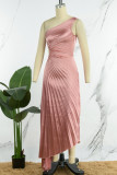 Green Casual Solid Hollowed Out Backless Pleated Oblique Collar Long Dress Dresses