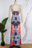 Colour Sexy Casual Print Backless Spaghetti Strap Long Dress Dresses
