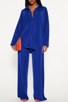 Royal Blue Casual Solid Turndown Collar Long Sleeve Two Pieces