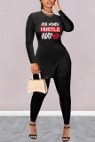 Black Casual Print Slit O Neck Long Sleeve Two Pieces