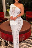 Red Sexy Solid Hollowed Out Patchwork Burn-out Oblique Collar One Step Skirt Dresses