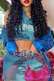 Blue Sexy Street Figure Patchwork Backless Vests Halter Sleeveless Two Pieces