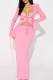 Pink Casual Solid Frenulum V Neck Long Sleeve Two Pieces