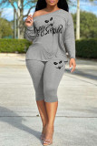 Red Casual Print Basic Oblique Collar Long Sleeve Two Pieces