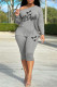 Grey Casual Print Basic Oblique Collar Long Sleeve Two Pieces