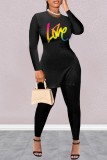 Black Casual Print Slit O Neck Short Sleeve Two Pieces